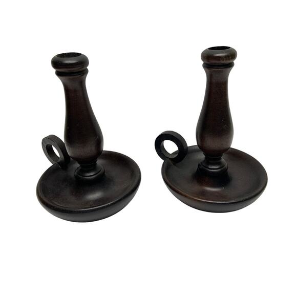 Vintage Pair of Turned Wooden Finger Loop Candle Holders Wood Dark Academia - Picture 1 of 8